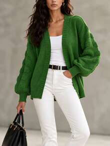 Plus Size Women's Green Cardigan, Long Sleeve Knit Fabric, Dropped Shoulder Design, Regular Length, Fashion Ribbed Knit - Green - View 4