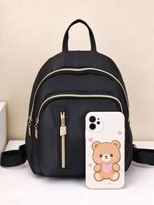 1pc Unisex Solid Color Gold Zipper Nylon Multi-Pocket Large Capacity Lightweight Casual Mini Backpack, Suitable For Daily, Travel, Shopping, Outdoor, Campus, All Season - Multicolor - View 2