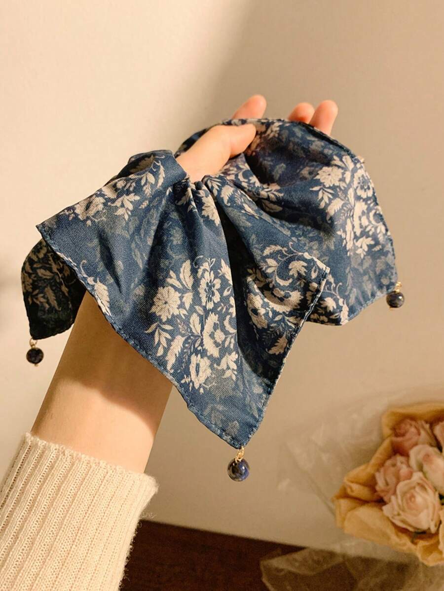 1pc New Chinese Style Navy Blue Square Scarf Scrunchie Hair Tie For Women, Premium Square National Style Hair Accessory For Low Ponytail - Multicolor - View 1
