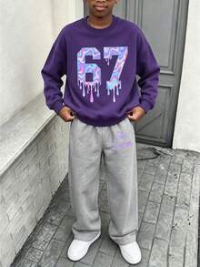 2pcs/Set Boys Crew Neck Sweatshirt Set, With 67 Design, Paired With Simple Casual Wide Leg Pants, Suitable For Autumn/Winter Holiday/Travel Fashion Outfit - Purple - View 4