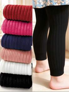 1pc Kids Fashion Autumn/Winter Warm Fitted Leggings, Knitted Fabric Solid Color Ribbed Cropped Length Pants For Dance Practice, Suitable For Girls And Infants - Black - View 11