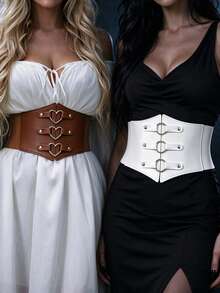 2pcs Women's Fashion PU Leather Elastic Waist Belt With Ring Decor, Versatile For Halloween And Renaissance Outfit Styling - Brown White - View 2