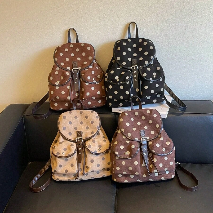 Fashionable Polka Dot Contrasting Color Girl's Backpack New Large Capacity Lightweight Versatile Lazy Style Retro Commuting Bag - Multicolor - View 1