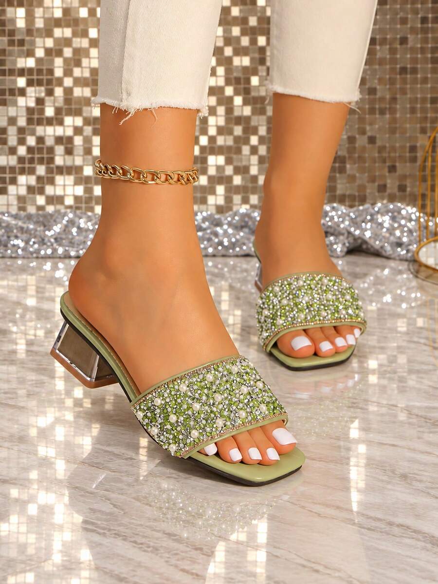 Plus Size High Heel Mules Women Thick Heel Faux Pearl Rhinestone High Heels Fashionable Strap Slide Sandals Open Toe High Heel Sandals - Green - View 1