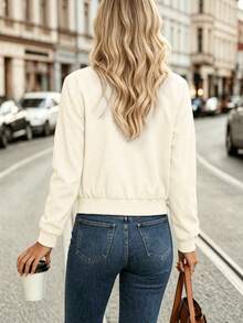 Elegant Lightweight Zip-Up Jacket With Ribbed Collar, Cuffs And Hem, Solid Color Blazer Style Outerwear, Versatile Casual Thin Jacket For All Seasons, Suitable For Office, Commute And Daily Casual Wear - Apricot - View 3