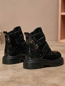 1 Pair Girls Black Boots, Shiny Colorful Star Pattern Decor, Hook-And-Loop Ankle Boots, Round Toe Non-Slip Thick Sole, Sweet Cool Princess Style, Suitable For Daily School, Festival, Party, Performance, Outdoor Wear, Autumn Winter New Arrival - Black - View 4