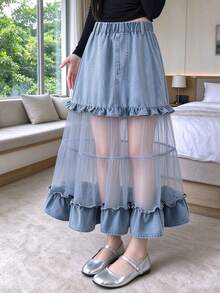 Tween Girls Washed Blue Denim Skirt, Fashionable New Elegant Lady Style Blue Mesh Patchwork Design Denim Long Skirt, Cake Skirt - Blue - View 2