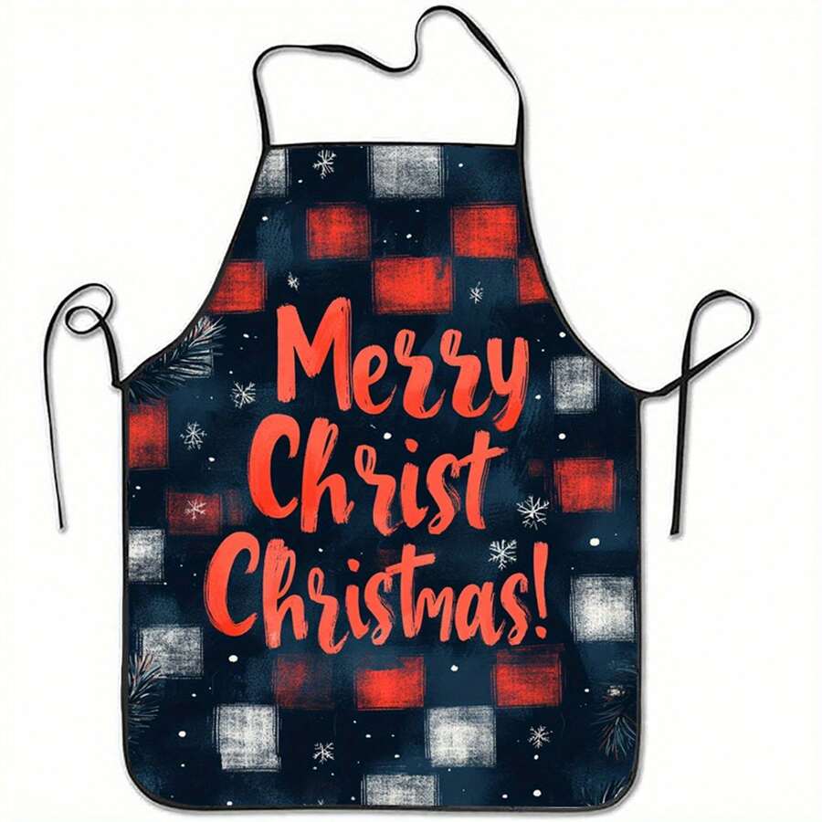 1pc Plaid Christmas Sleeveless Apron, Snowflake & Pine Needle Decor Apron For Xmas Party Decor & Holiday Gift - Multicolor - View 1