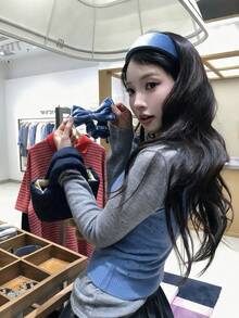 Women's Korean Sweet Autumn/Winter Contrast Color Knit 2 Pieces Set, Hollow Eye Tank Top And Solid Color Long Sleeve Slim Fit Base Layer, Suitable For Outings, Travel, Campus, Commuting - Blue - View 8