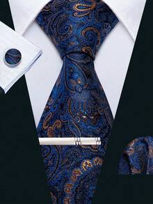 Men's 4-Piece Tie Set, Navy Blue & Gold Paisley Pattern, Pocket Square, Cufflinks, Silver Tie Clip, Suitable For Evening & Business Suits - Navy Blue - View 1