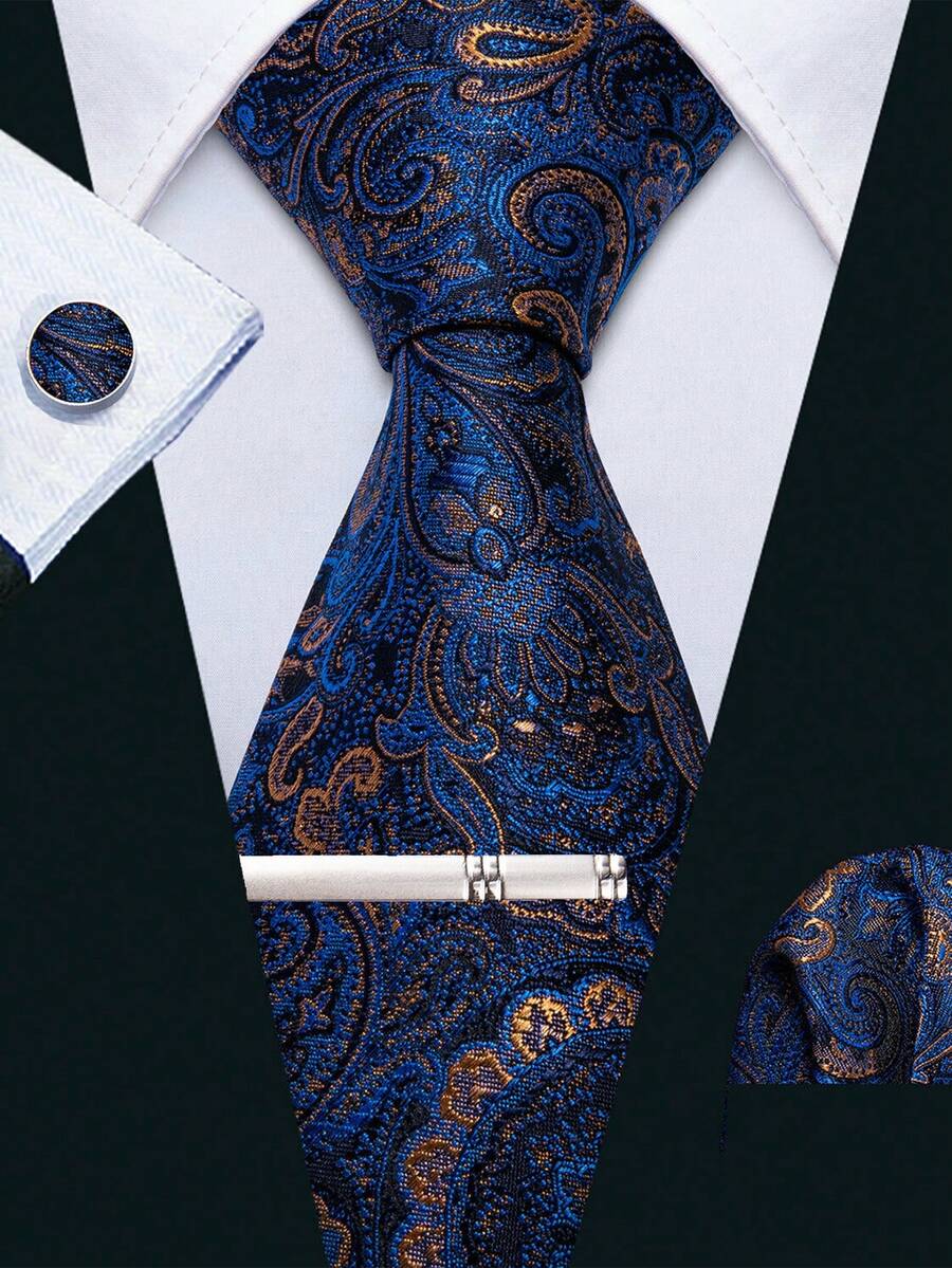 Men's 4-Piece Tie Set, Navy Blue & Gold Paisley Pattern, Pocket Square, Cufflinks, Silver Tie Clip, Suitable For Evening & Business Suits - Navy Blue - View 1