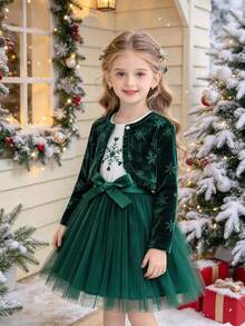 Girls' Sleeveless Printed Mesh Tutu Dress With Waist Belt, Paired With Snowflake Pattern Cardigan, Comfortable Fabric, Fashionable Style Suitable For Christmas, Party, Formal Occasions, Holiday Gatherings And Everyday Wear - Dark Green - View 1