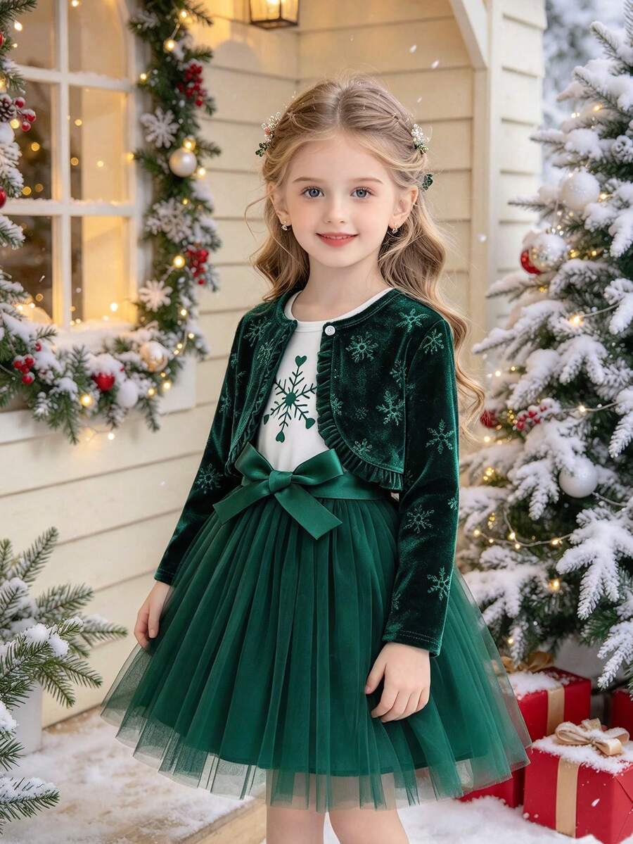 Girls' Sleeveless Printed Mesh Tutu Dress With Waist Belt, Paired With Snowflake Pattern Cardigan, Comfortable Fabric, Fashionable Style Suitable For Christmas, Party, Formal Occasions, Holiday Gatherings And Everyday Wear - Dark Green - View 1