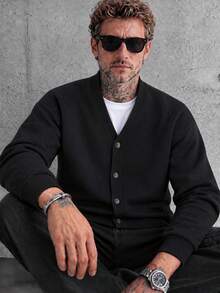 Men's V-Neck Single-Breasted Knit Cardigan, Solid Color Loose Long Sleeve Sweater, Casual Jacket For Autumn/Winter/Spring - Black - View 5
