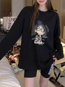 女款秋冬寬鬆圓領休閒街頭風百搭字母卡通女孩印花長袖T恤 - 黑色 - 查看 4