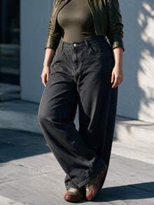 Women's Plus Size High Waist Wide Leg Denim Jeans, Black Casual Jeans - Black - View 6