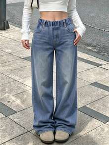 Girls' Fashion Denim Jeans, New Spring/Autumn Loose Casual Straight Leg Pants - Blue - View 1