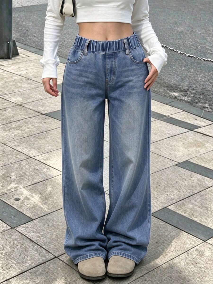 Girls' Fashion Denim Jeans, New Spring/Autumn Loose Casual Straight Leg Pants - Blue - View 1