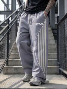 American Style Side Curved Stripe Wide Leg Sweatpants With Letter Print Drawstring Straight Leg Casual Long Pants For Men - Light Grey - View 2