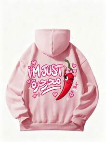 Pattern Print Drawstring Hooded Sweatshirt, Cute Cartoon Chili Pepper Sweatshirt, Versatile Long Sleeve Pullover Top Daily Outfit Sweatshirt Recommendation - Pink - View 7