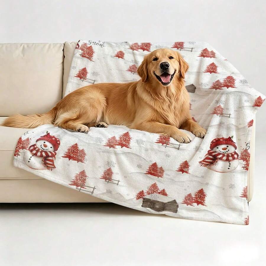 Christmas Red Snowman & Pine Tree Print Pet Blanket Soft Flannel Warm Sleeping Throw Mat Winter Bed Cover For Dog Cat Puppy Kitten Sofa Protector - 100*150 cm - View 1