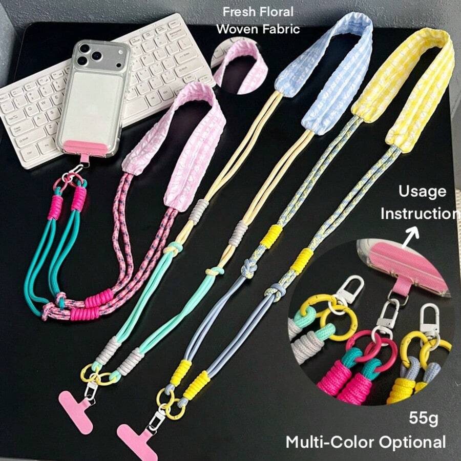 1pc Niche Design Dopamine Colorblock Cotton Fabric Multifunctional 3-In-1 Camera Strap Long Phone Lanyard Phone Chain - Multicolor - View 1
