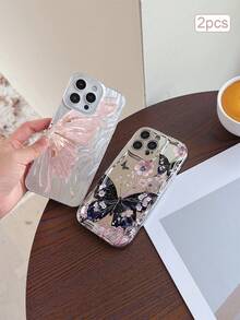 2件裝美學粉色蝴蝶字母圖案彩繪新款時尚電鍍水滴波紋TPU防摔手機殼，適用於Apple手機XS/XS Max/XR/11/12/13/14/14 Plus/15/15 Plus/16/16 Plus/7/8 Plus保護殼 - 彩色 - 查看 2