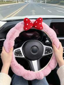 1PC Car Bubble Plush Wavy Round Steering Wheel Cover, Cute Warm Car Interior Decoration Bowknot Steering Wheel Cover - Multicolor - View 13