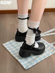 NZNF Women's Solid Color Academy Style PU Shoes With Buckle Strap, Thick Sole And Chunky Heel, JK Daily Commute Shoes - Black - View 8