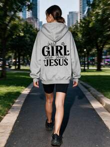 Plus size sweatshirt med dragsko och Jesus-slogan, mjuk mångsidig pullover, lämplig för höst/vinter, vardagsbruk och pendling - Grå - Visa 8