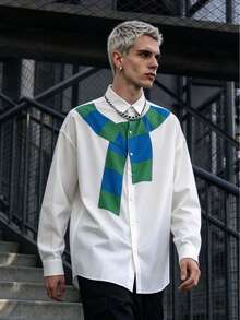 Men's Minimalist White Long Sleeve Shirt, Creative Blue & Green Striped Scarf Print Loose Fit Lapel Top - White - View 2
