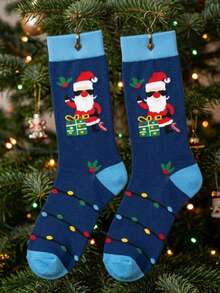 1 Pair Men's Mid-Calf Socks, Navy Blue Cool Fashion Glasses Santa Claus Fun Socks, Autumn/Winter Christmas Halloween Holiday Colorful Lights Gift Box Holly Pattern Socks, Warm Breathable Festive Atmosphere Men's Autumn/Winter Long Socks, Christmas Halloween Party Gathering Daily Commute Winter Outfit, Creative Holiday Gift For Men, Women, Couples - Multicolor - View 1