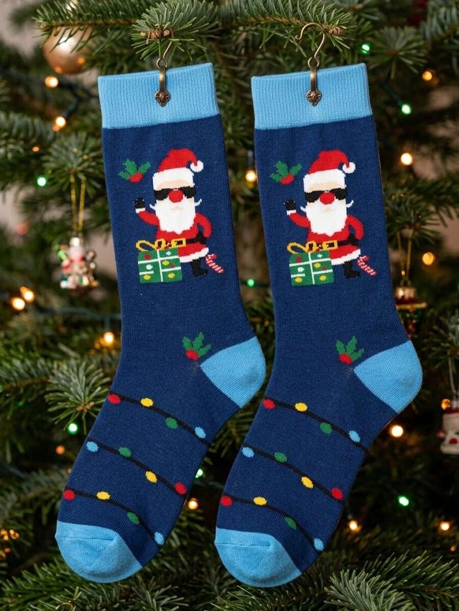 1 Pair Men's Mid-Calf Socks, Navy Blue Cool Fashion Glasses Santa Claus Fun Socks, Autumn/Winter Christmas Halloween Holiday Colorful Lights Gift Box Holly Pattern Socks, Warm Breathable Festive Atmosphere Men's Autumn/Winter Long Socks, Christmas Halloween Party Gathering Daily Commute Winter Outfit, Creative Holiday Gift For Men, Women, Couples - Multicolor - View 1