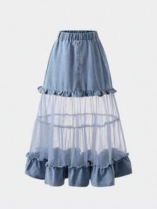 Tween Girls Washed Blue Denim Skirt, Fashionable New Elegant Lady Style Blue Mesh Patchwork Design Denim Long Skirt, Cake Skirt - Blue - View 1