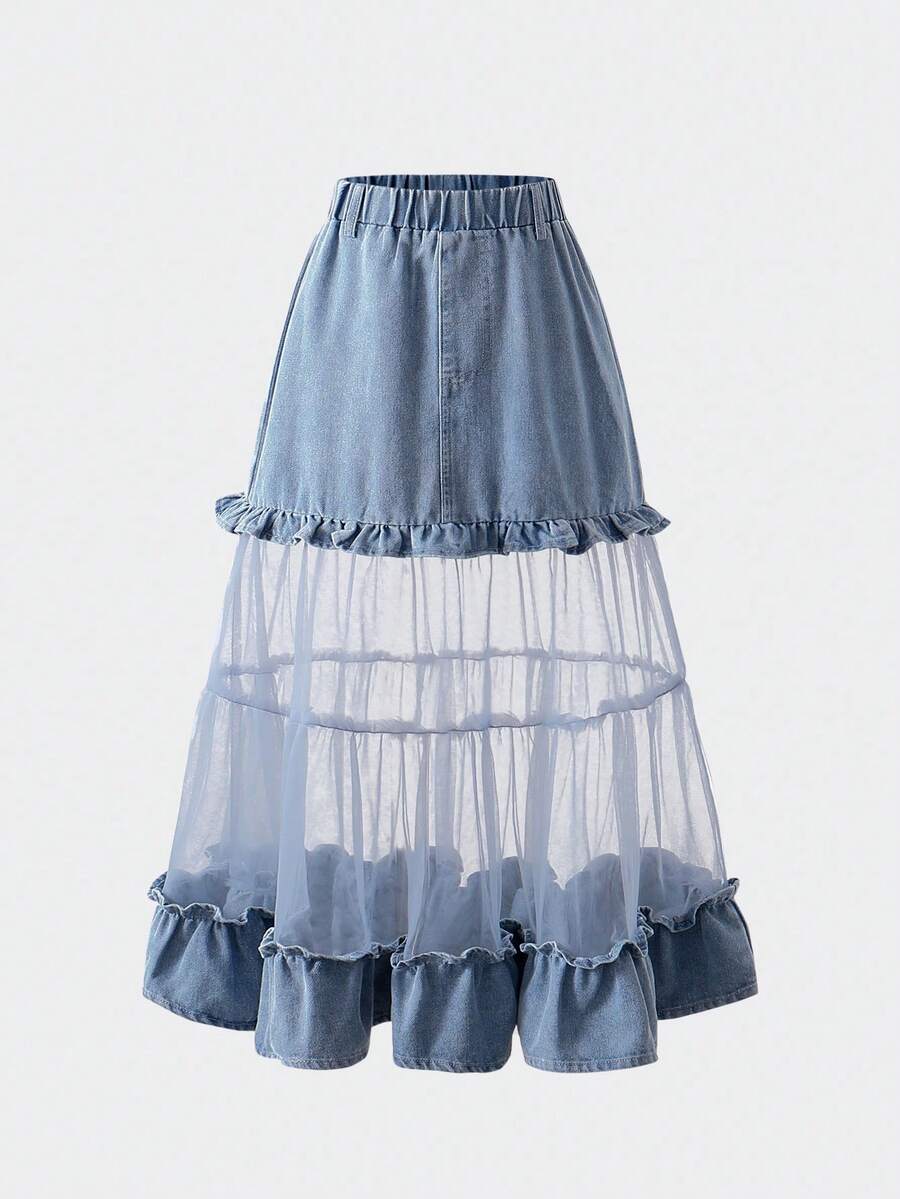 Tween Girls Washed Blue Denim Skirt, Fashionable New Elegant Lady Style Blue Mesh Patchwork Design Denim Long Skirt, Cake Skirt - Blue - View 1