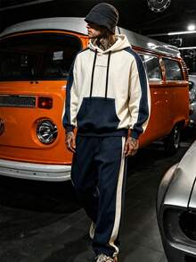 American Style Colorblock Letter Hoodie Sweatshirt Set, Navy Blue Side Stripe Straight Leg Sweatpants 2 Pieces Set - White - View 3