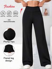 Pantalones de cintura alta con pierna recta acampanada de unicolor - Negro - Ver 3