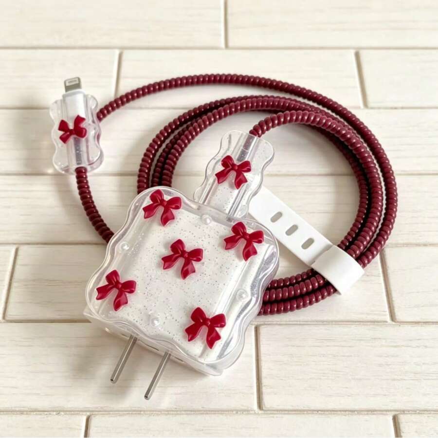 5pcs/Set Burgundy Bow & Bead Design Phone Charger Protective Case 20W/18W, Charging Cable Protector, Charger Head Protective Shell, Compatible With IPhone 13/16/15/14 Charger Protection Set - Burgundy - View 1