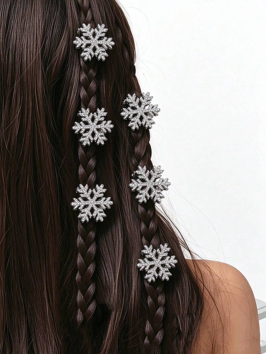 6pcs Rhinestone Snowflake Mini Hair Clips, Christmas Winter Braided Hair Clips, Women's Party Hairstyle Accessories - Silver - View 1