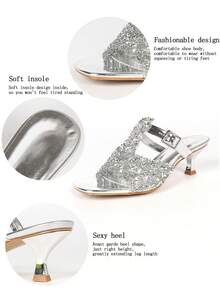 Women's Square Toe Kitten Heel Mules, Silver Metallic With Sequin Embellished Strap & Square Buckle, Slip On Slide Sandals For Night Out Wedding Guest - Silver - View 6
