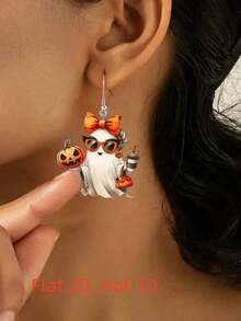 1pc 2D Orange Bow Acrylic Pendant Earrings, 2D Flat Design, Stainless Steel Ear Hooks, Suitable For Daily Wear And Parties, Perfect For Anniversary, Thanksgiving, Halloween, Christmas And Other Occasions - Earrings - View 2