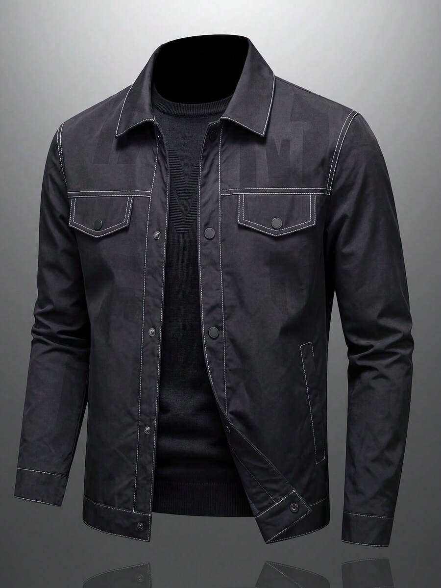 Old Money Men's Jacket With Lapel Collar, Multiple Pockets, Fashionable Casual Business Commute, Lightweight Autumn Outerwear - Black - View 1