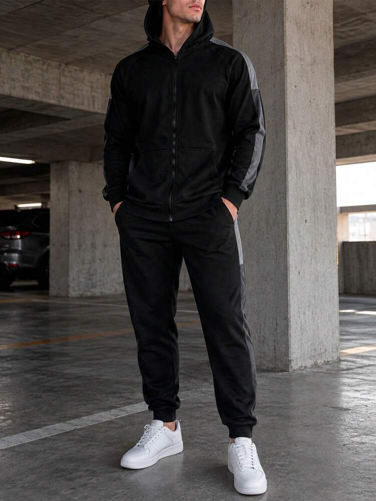 Men Hoodie Co-Ords - Black - View 6