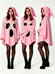 1pc Halloween Ghost Theme Hooded Cloak Print, Holiday Party Outfit - White - View 3