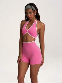 PinkTip Summer Black & White Color Block Crop Top And High Waist Yoga Shorts Fitness Set - Pink - View 3