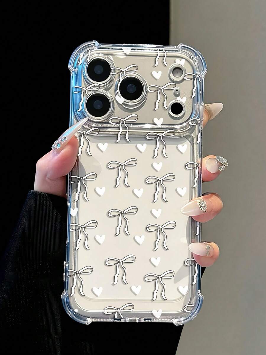 1pc Fashionable White Bow Mini Heart Colorblock Shockproof Cute Phone Case, Minimalist Transparent Cover Perfect For Daily Use, Compatible With IPhone 16/16 Pro/16 Plus/15/15 Plus/15 Pro/15 Pro Max/17/17 Pro/17 Pro Max/12/13 Mini/Apple 13/13 Pro Max/11/11 Pro Max/12 Pro Max Transparent Soft Shell, Exquisite 18 Pro Max/18 Pro Phone Case Gift For Friends, Classmates, Lovers Or Yourself - Clear - View 1