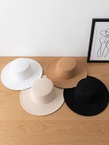 Autumn/Winter Flat Top Wool Felt Hat With Wide Brim, Versatile Women's Jazz Hat, French Style - Multicolor - View 1