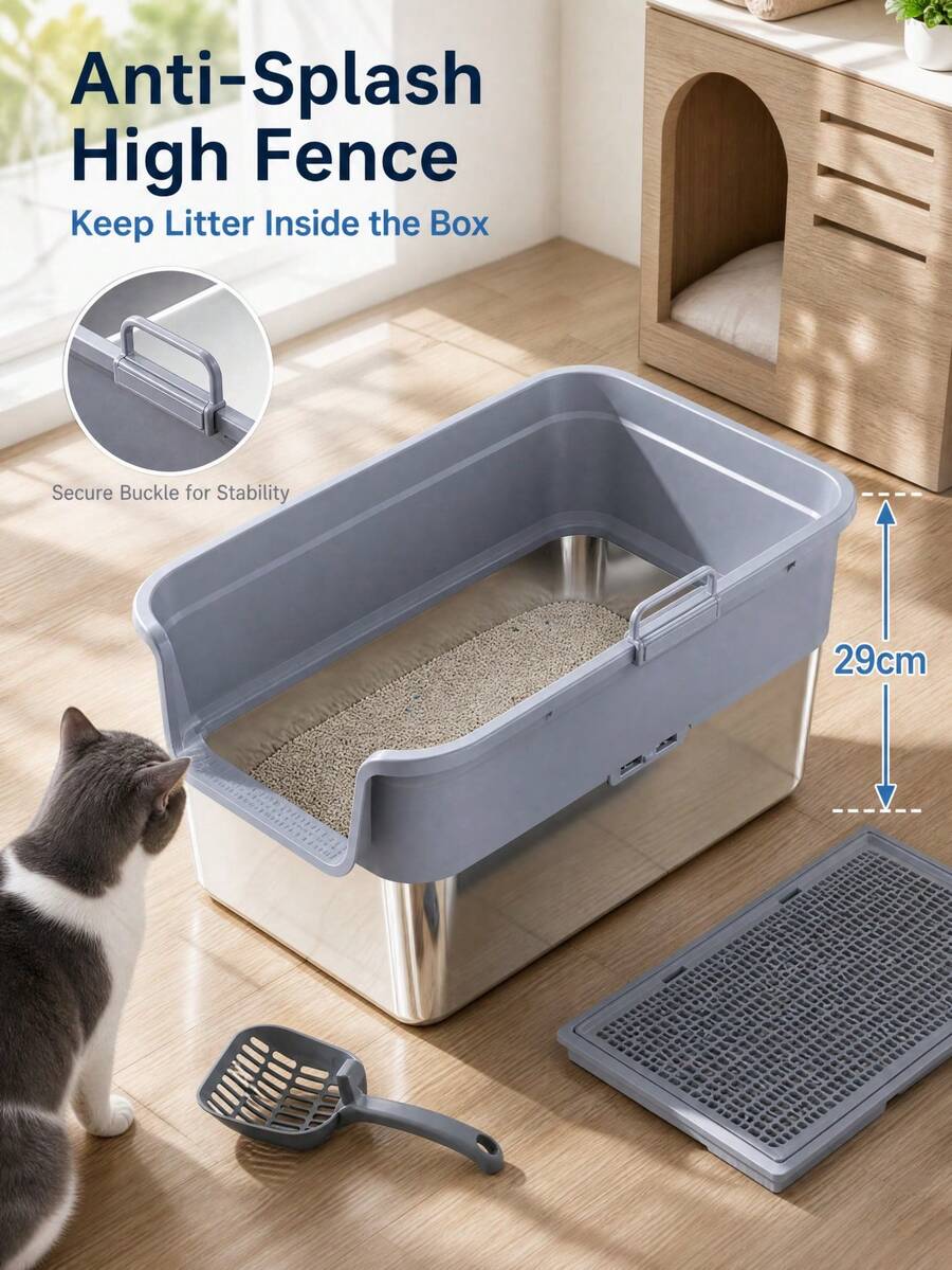 Stainless Steel Semi-Enclosed Extra Large Cat Litter Box, Anti-Splatter Anti-Tracking Deodorizing Cat Litter Tray, High-Wall Breathable Design, Portable Handle For Easy Movement, Durable Stainless Steel Body, Smooth Surface Easy To Clean, Resistant To Odor And Stain Residue, Raised Fence Effectively Reduces Litter Splatter, Spacious Interior Suitable For Adult Cats, Multi-Cat Households And Large Breed Cats, Flip-Top Design Balances Privacy And Easy Access, Can Be Paired With Cat Litter Mat To Reduce Litter Tracking