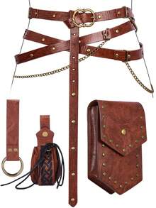 4pcs Medieval Vintage Faux Leather Multi-Strap Belt Set, Renaissance Rivet Waist Bag Small Pouch, Pirate Viking Cosplay Accessories, Suitable For LARP, Renaissance Fair, Masquerade, Halloween And Role Play - A - View 4