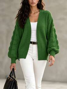 Plus Size Women's Green Cardigan, Long Sleeve Knit Fabric, Dropped Shoulder Design, Regular Length, Fashion Ribbed Knit - Green - View 1